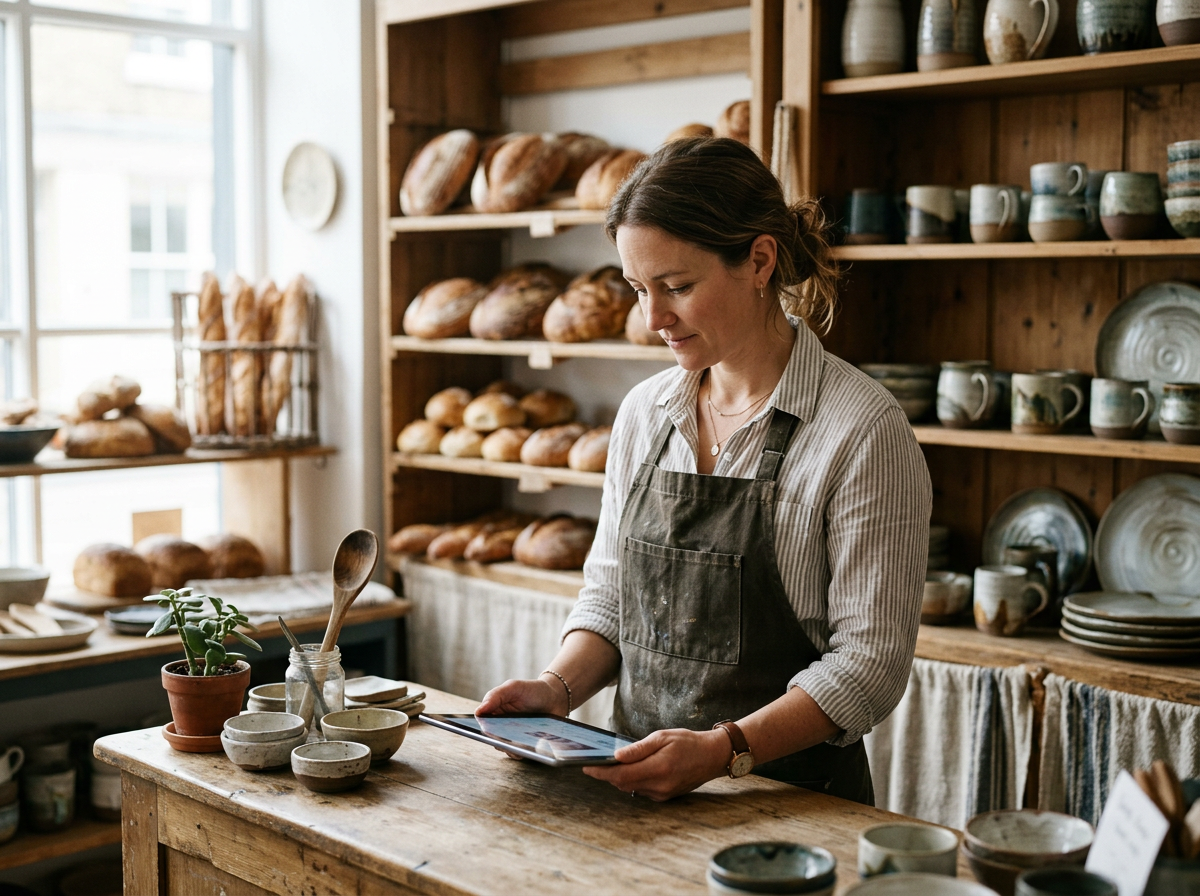 Image générée : un artisan derrière son comptoir regarde une tablette