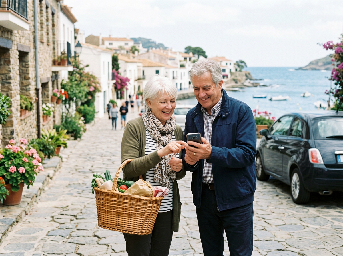 Image générée : un couple lit un téléphone dans une rue de bord de mer